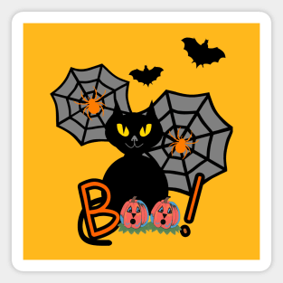 BLACK Cat Happy Halloween With Bats And Pumpkins Magnet